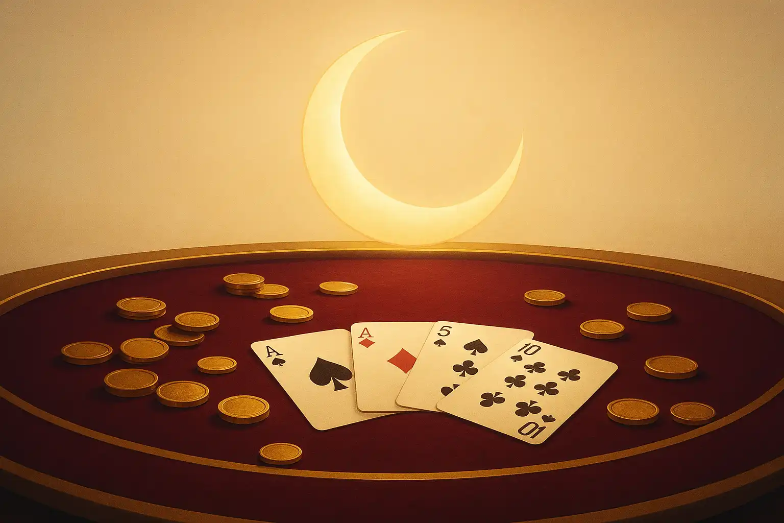 Golden crescent moon above a burgundy and gold casino table scattered with coins and cards