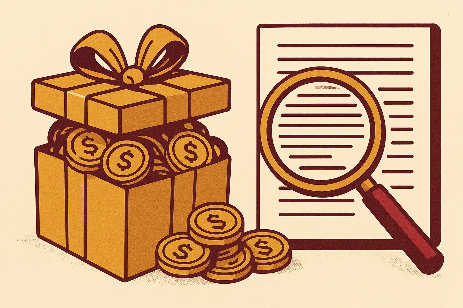 Golden gift box overflowing with coins next to a magnifying glass over bonus terms