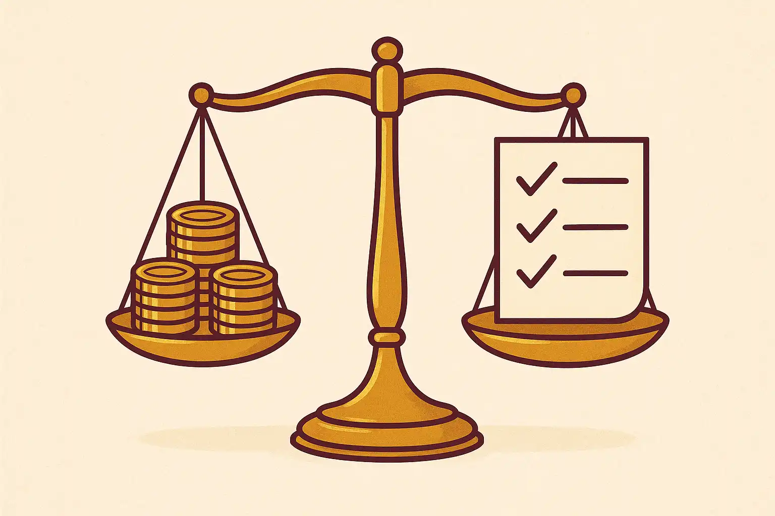 Golden scale balancing coins and a checklist representing an independent casino review