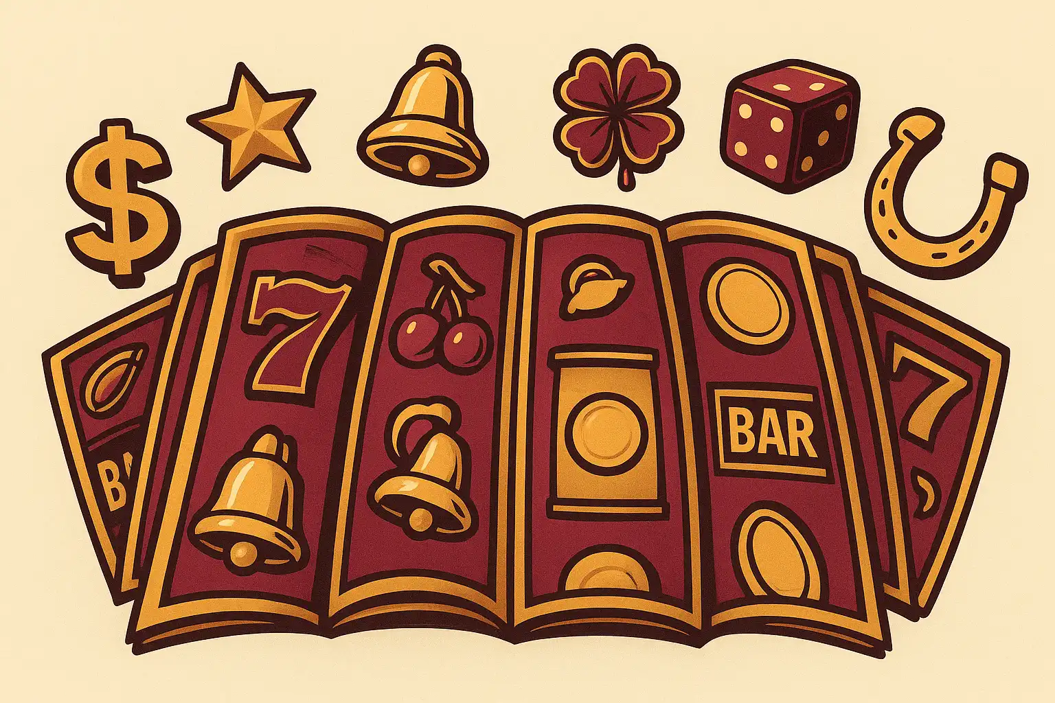 Fanned slot machine reels and symbols representing the LunaLoots slots catalogue
